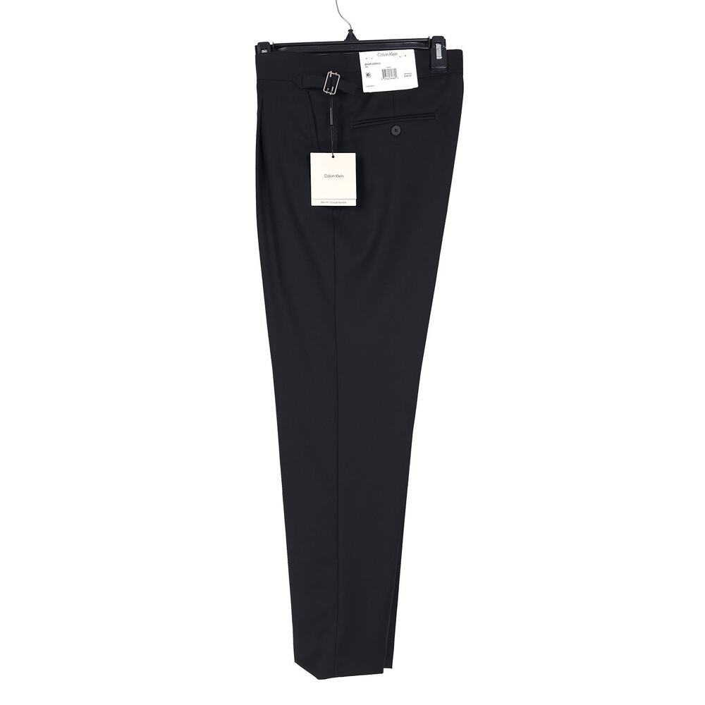 Calvin Klein Mens Slim Fit Wool Dress Pants 40x32 Black Solid Pleated NWT - Picture 3 of 13